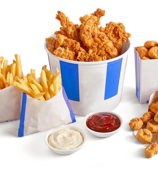 Boneless Crispy Tenders and Popcorn in a blue bucket